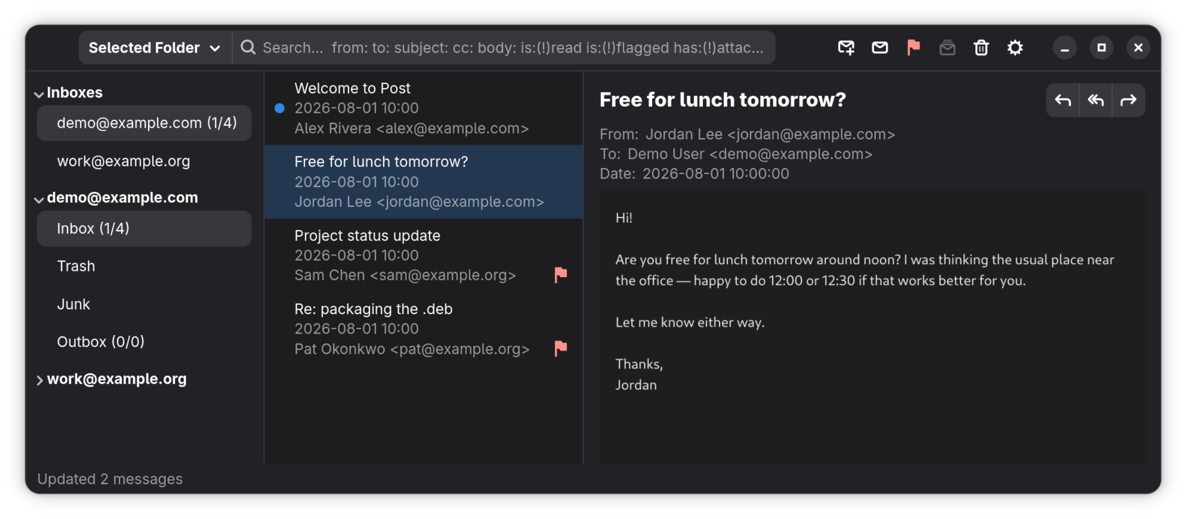 Post showing a message list and reader pane with demo mail accounts